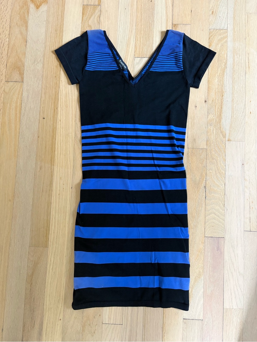 Bebe Black and Blue Striped V-Neck Bodycon Dress M/L
